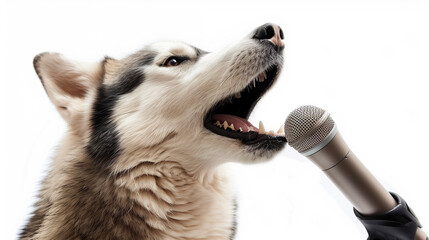 Devoted husky dog singer howling and singing to a microphone isolated on white background, funny animal portrait, singer, creative, karaoke, party and greeting cards.
