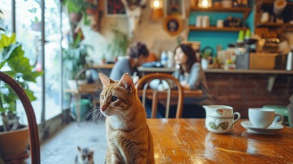 Charming Cat Lounging at a Cat Cafe with a Cup of Coffee