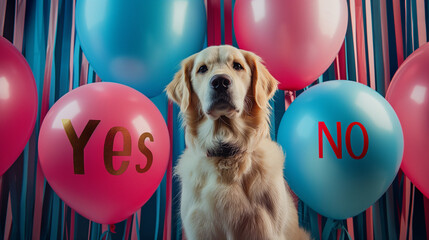 A cute golden retriever dog is making choices between yes and no, funny animal being thoughtful, blue and pink colorful scene, concept of Difficult to choose, making decision, say yes, say no. - obrazy, fototapety, plakaty