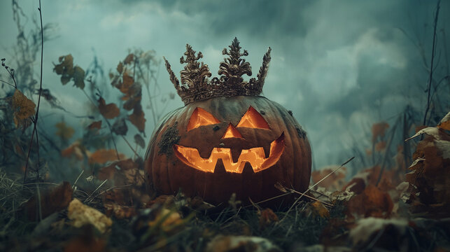 Scary pumpkin king jack o lantern with golden vintage crown on abandoned  smoky background, concept of Halloween party, event.