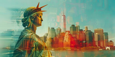 Abstract Statue of Liberty and City Skyline. Generative AI.