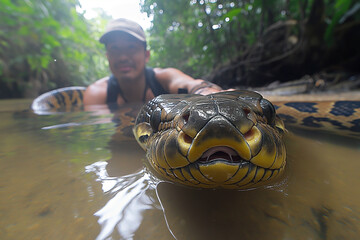 snake pythonviper, boa, wild, eye snake, Man taking photo with large anaconda lake snake - obrazy, fototapety, plakaty