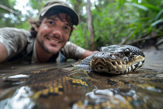 snake pythonviper, boa, wild, eye snake, Man taking photo with large anaconda lake snake