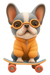 A cartoon French bulldog is sitting on a skateboard