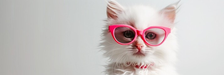 A pretty kitten wearing glasses and a collar, cute cat with a fashionable look.