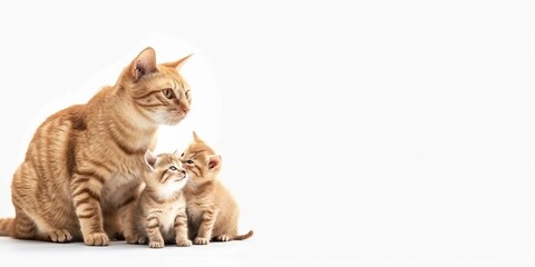 A beautiful studio portrait of an attentive mother cat and her playful kittens together.