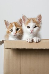 A pair of playful kittens in a cardboard box, showcasing their adorable expressions and seeking attention.