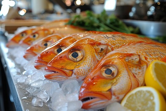 A seafood display at a market featuring a variety of fresh raw fish on ice.