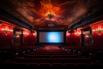 The auditorium is empty and the screen is blank. The walls are decorated with red velvet curtains and the ceiling is painted with a beautiful mural.