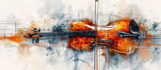 Classical Violin White Background - Watercolor technical drawing abstract Illustration concept for Music Event, Poster, Promotional material, Invitation, Wall Art, App, Brand Identity - obrazy, fototapety, plakaty