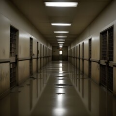 Prison corridor. Sad and desolate space: empty prison surrounded by prisoner cells. Image created by AI.