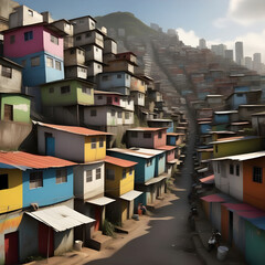 Colorful houses without infrastructure in a typical Brazilian favela in Rio de Janeiro. Image created by AI.