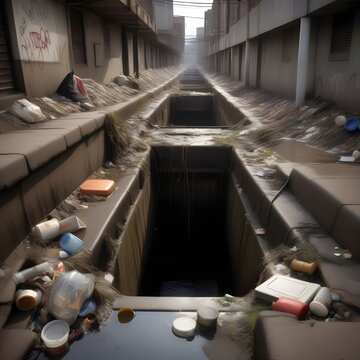 Sewage being dumped in a suburb. Social problem in several regions. Lack of sanitation. Image created by AI.