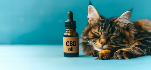 Relaxed feline with a dropper bottle of CBD oil, pet wellness concept. Banner, copy space