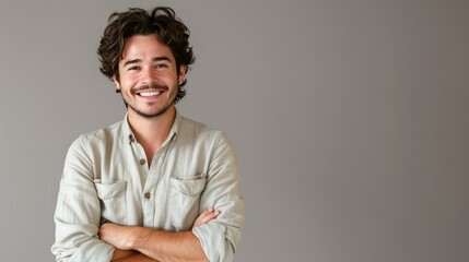 Obraz premium A young man with a warm smile and a friendly expression on his face is looking at the camera.