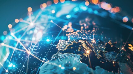 A glowing blue and orange circuit board with a map of the world in the background. The image represents the interconnectedness of the modern world.