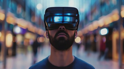 Bearded man wearing a virtual reality headset. He is in an urban setting and is looking at the camera.