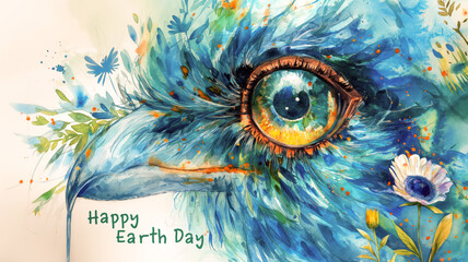 Colorful watercolor art with earth tones of a beautiful bird closeup view with floral elements and "Happy Earth Day" text message