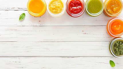 A selection of healthy baby food is arranged neatly in jars atop a white wooden table, creating a visually appealing flat lay. 