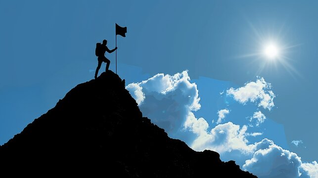 This is an image of a person standing on top of a mountain, holding a flag. The person is looking out over a vast landscape.