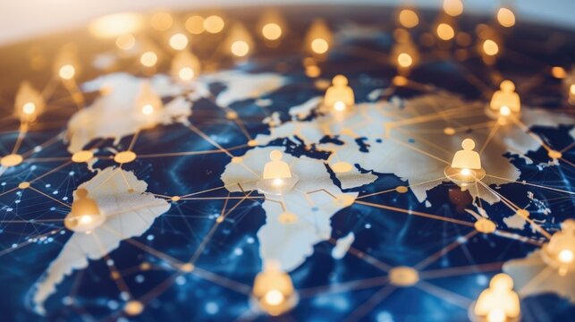 A glowing network of people icons representing global communication and connectivity.
