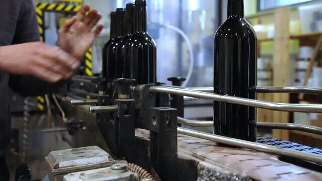 Employee putting red wine glasses on conveyor belt for labelling before packaging in box for sale, automated bottling conveyor in winemaking factory, high quality wine production line