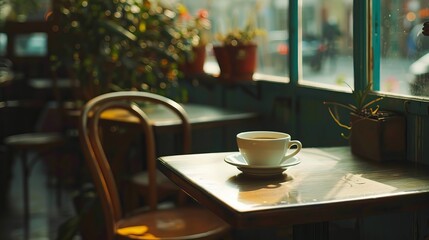 A steaming cup of coffee sits elegantly on a table within a cozy café, inviting patrons to savor its rich aroma and flavor while enjoying the relaxed ambiance of the surroundings.