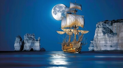 Golden-lit Sailing Ship on a Moonlit Night, Casting Reflections Near Towering Coastal Cliffs