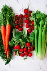 Fresh vegetables, carrots, radishes, celery stalks, cherry tomatoes.top veiw