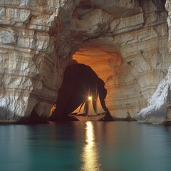 Sailing Ship Emerging from a Sunlit Cave on a Calm Ocean - A Scene of Exploration and Adventure