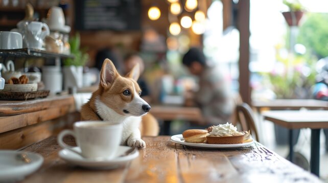 Cute Corgi Waiting Patiently Next to a Cup of Coffee on a Cafe Table