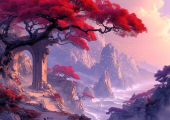 Mystical Mountain Landscape with a Crimson Tree and Ambient Light at Sunset
