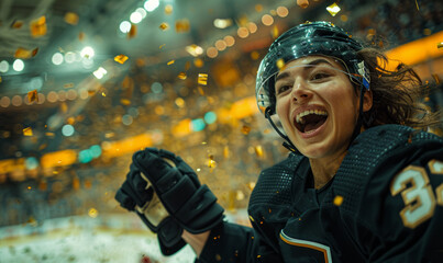 Professional female ice hockey player celebrating the championship gold