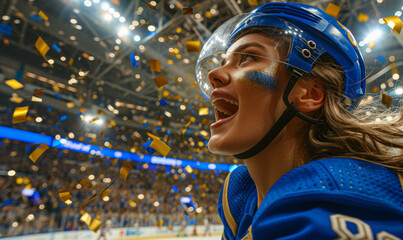 Professional female ice hockey player celebrating the championship gold