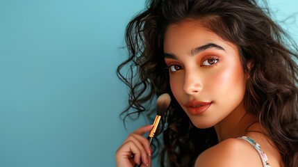 Obraz premium Gorgeous Indian makeup model holding makeup brush, makeup advertisement, blue background