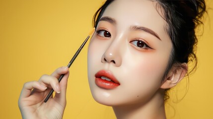 Gorgeous Korean model posing for makeup products advertisement, yellow background