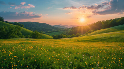 Picturesque colorful summer landscape with warm sunset lighting. A meadow with yellow wildflowers in the foreground, forested hills and evening sky in the background.