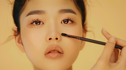 Obraz na płótnie Canvas Gorgeous Korean model posing for makeup products advertisement, yellow background
