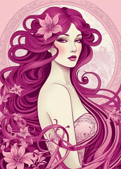 A graceful woman with flowing hair and floral touches in the Art Nouveau style
