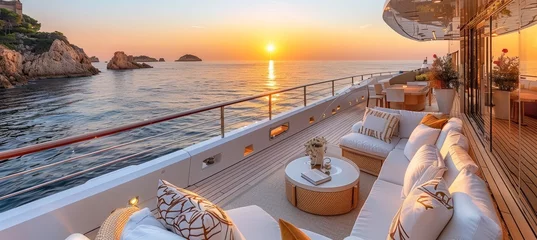 Fototapeten Panoramic view of sea at sunset for summer cruise vacation concept with beautiful horizon sky © Viktoria