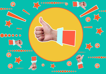 Woman's hand shows like gesture, collage in pop art style