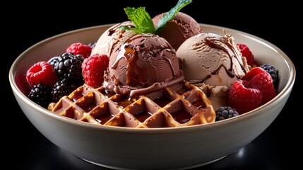 Delicious ice cream in waffle cone with chocolate, caramel, maple, and honey syrup toppings