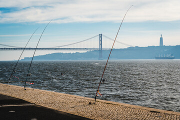 Lisbon cityscape panorama. Harbour at river Tag. Panoramic view of the beautiful Lisbon, Portugal