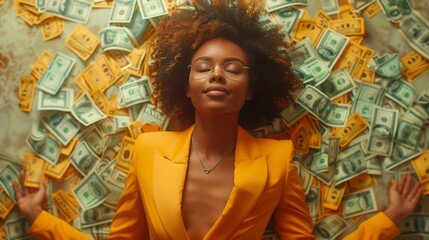 Happy woman in yellow suit surrounded by a pile of money at an art event - obrazy, fototapety, plakaty
