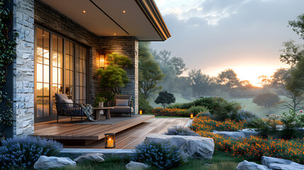 Cozy home patio at sunset with lush landscaping and stone architecture