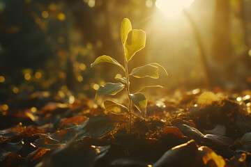 Banner of young plant growing in the morning light on blurred nature background. Seedling growing in the soil with sunlight. Green world and Earth day concept. Ecology and ecological balance - obrazy, fototapety, plakaty