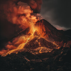 Obraz premium Dramatic Volcanic Eruption Captured at Night with Fiery Lava Explosions