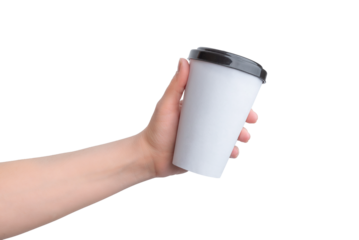 Hand holds paper cup for takeaway coffee. Clean surface for logo branding promotion. Transparent image perfect for coffee advertising and branding