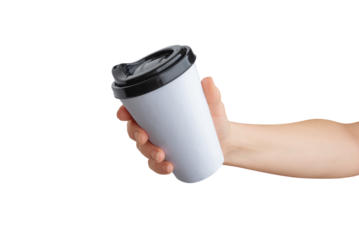 Transparent hand presents white paper coffee cup with clean surface for logo promotion. Versatile mockup ideal for branding presentations. Perfect for marketing projects