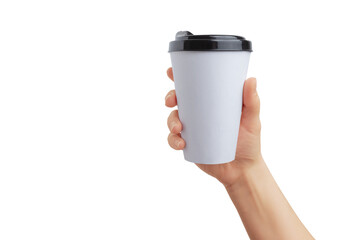 Hand holds white paper cup for takeaway coffee transparent. Ideal surface for logo promotion and...